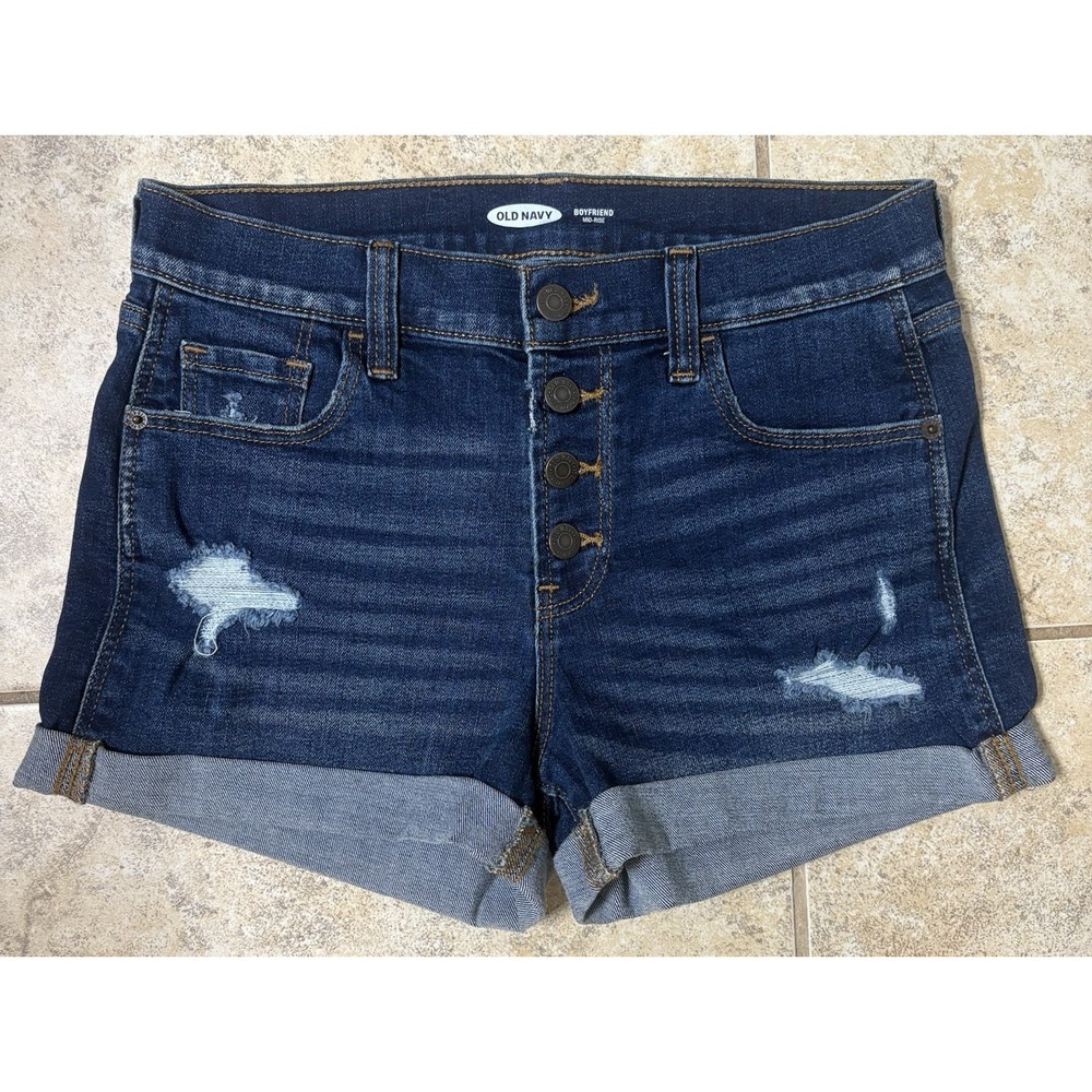 Old Navy Boyfriend Mid-Rise Button Fly Distressed Denim Shorts Dark Wash Size 2